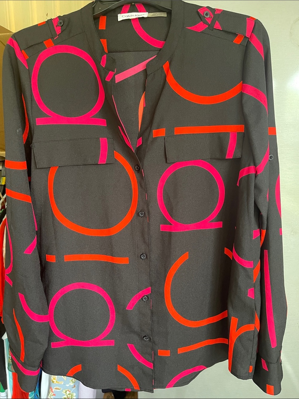 Calvin Klein Black Button-Front Blouse with Pink & Orange Geometric Circles